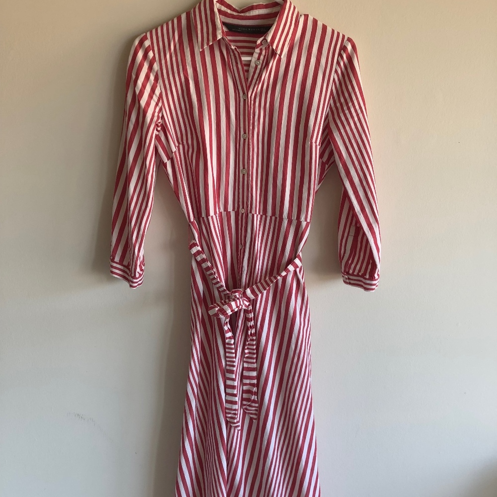 Zara Red and White Stripe Button Up Maxi Dress